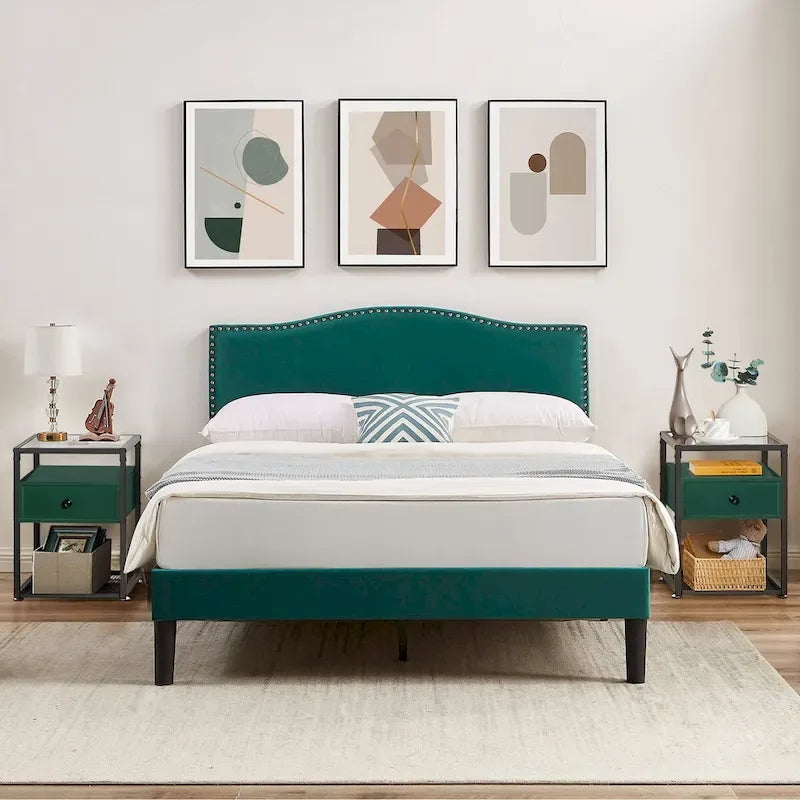 VECELO, Five Colors, 3-Pieces Upholstered Platform Bed Frame with Adjustable Headboard and Nightstands Set of 2