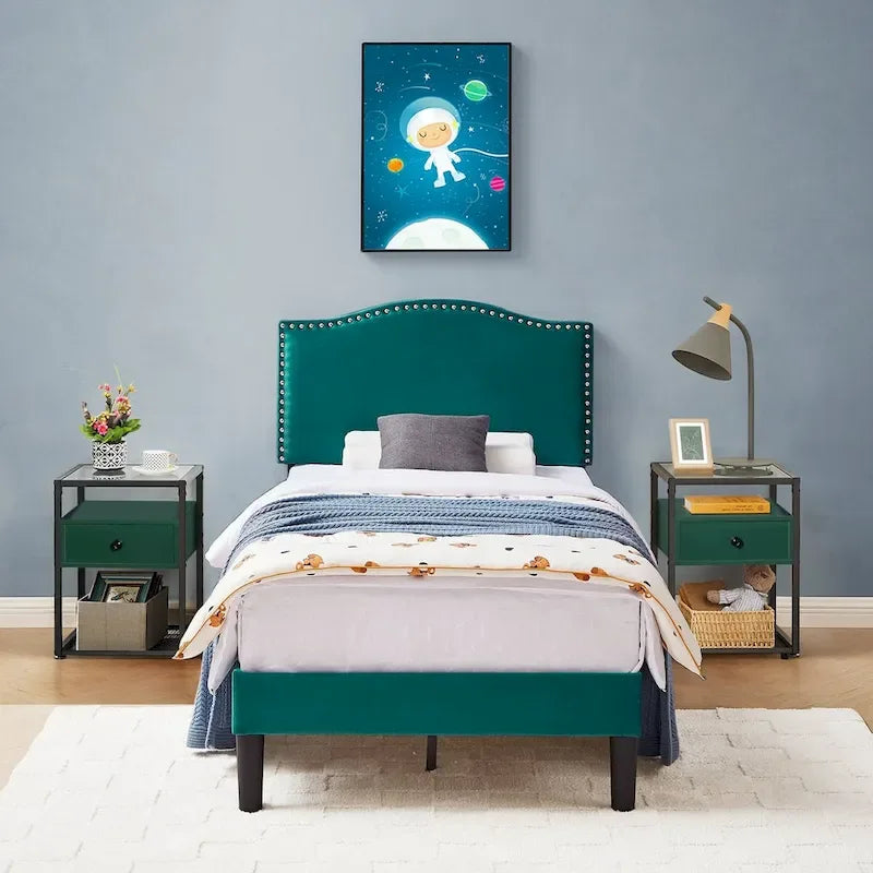 VECELO, Five Colors, 3-Pieces Upholstered Platform Bed Frame with Adjustable Headboard and Nightstands Set of 2