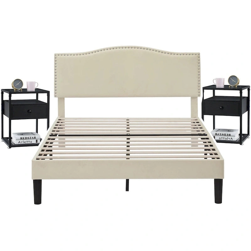 VECELO, Five Colors, 3-Pieces Upholstered Platform Bed Frame with Adjustable Headboard and Nightstands Set of 2