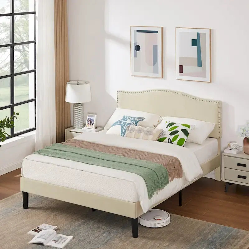 VECELO, Five Colors, 3-Pieces Upholstered Platform Bed Frame with Adjustable Headboard and Nightstands Set of 2