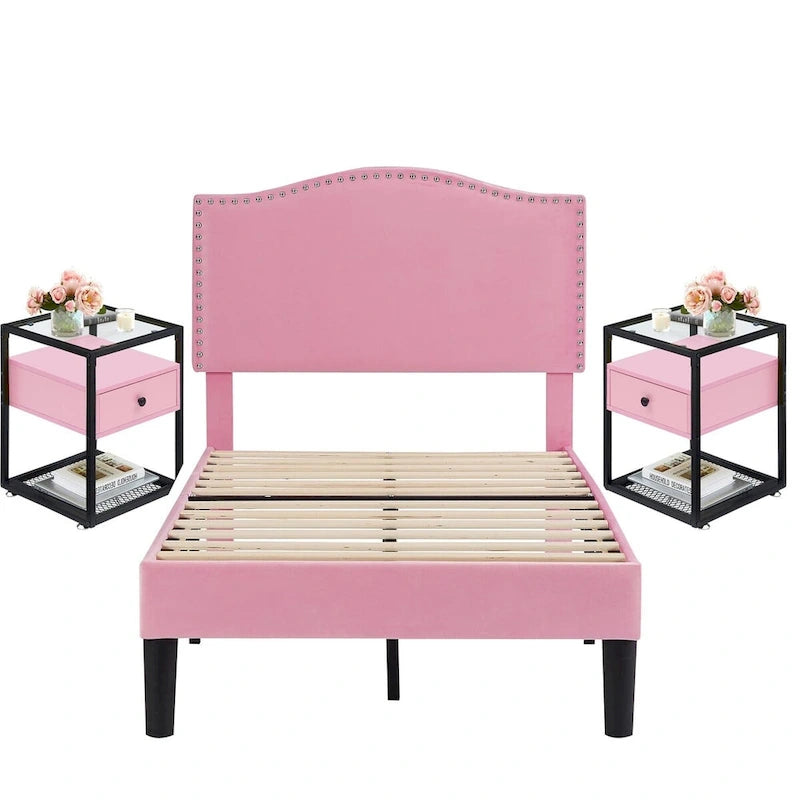 VECELO, Five Colors, 3-Pieces Upholstered Platform Bed Frame with Adjustable Headboard and Nightstands Set of 2