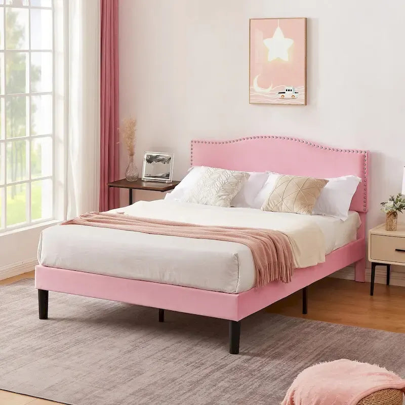 VECELO, Five Colors, 3-Pieces Upholstered Platform Bed Frame with Adjustable Headboard and Nightstands Set of 2