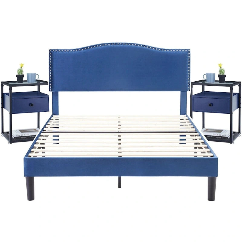 VECELO, Five Colors, 3-Pieces Upholstered Platform Bed Frame with Adjustable Headboard and Nightstands Set of 2