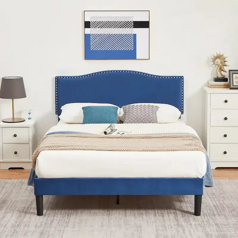 VECELO, Five Colors, 3-Pieces Upholstered Platform Bed Frame with Adjustable Headboard and Nightstands Set of 2