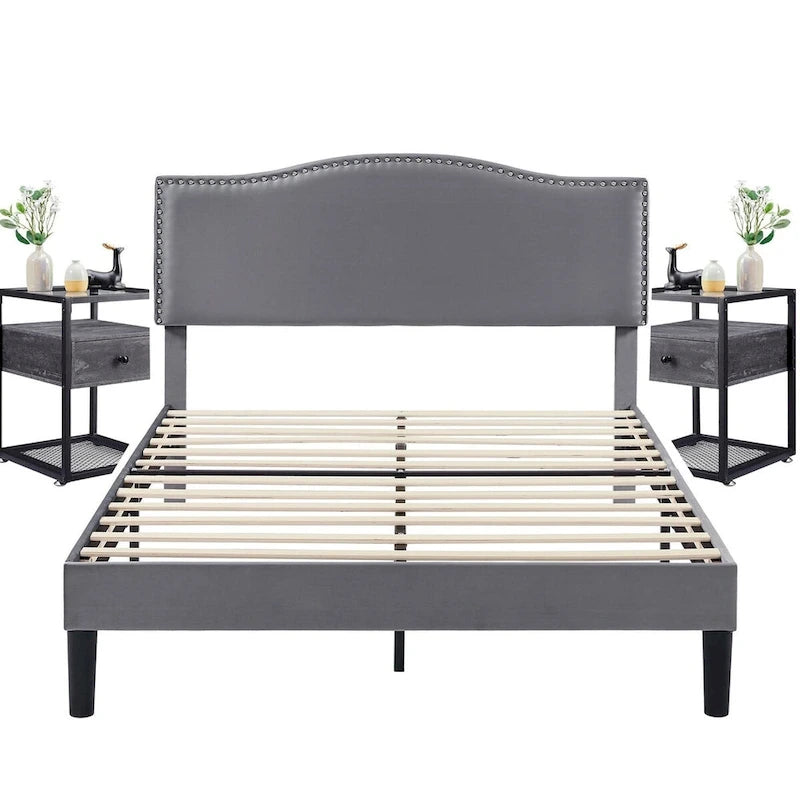 VECELO, Five Colors, 3-Pieces Upholstered Platform Bed Frame with Adjustable Headboard and Nightstands Set of 2