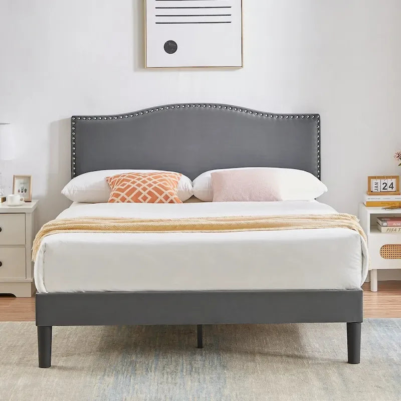 VECELO, Five Colors, 3-Pieces Upholstered Platform Bed Frame with Adjustable Headboard and Nightstands Set of 2
