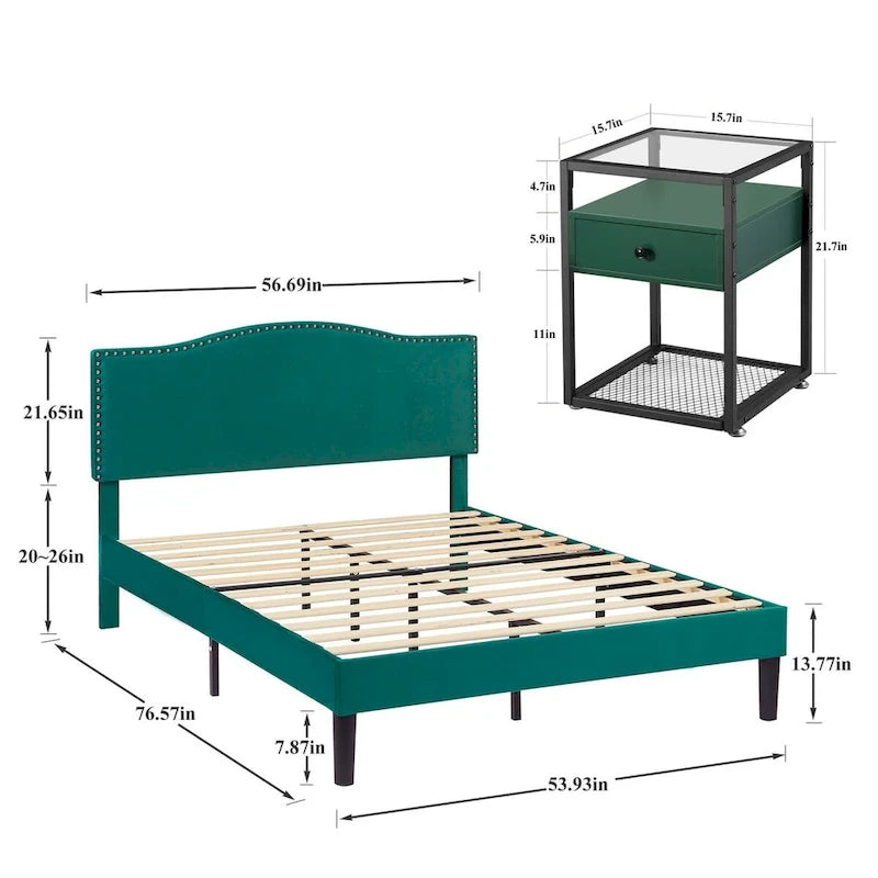 VECELO, Five Colors, 3-Pieces Upholstered Platform Bed Frame with Adjustable Headboard and Nightstands Set of 2