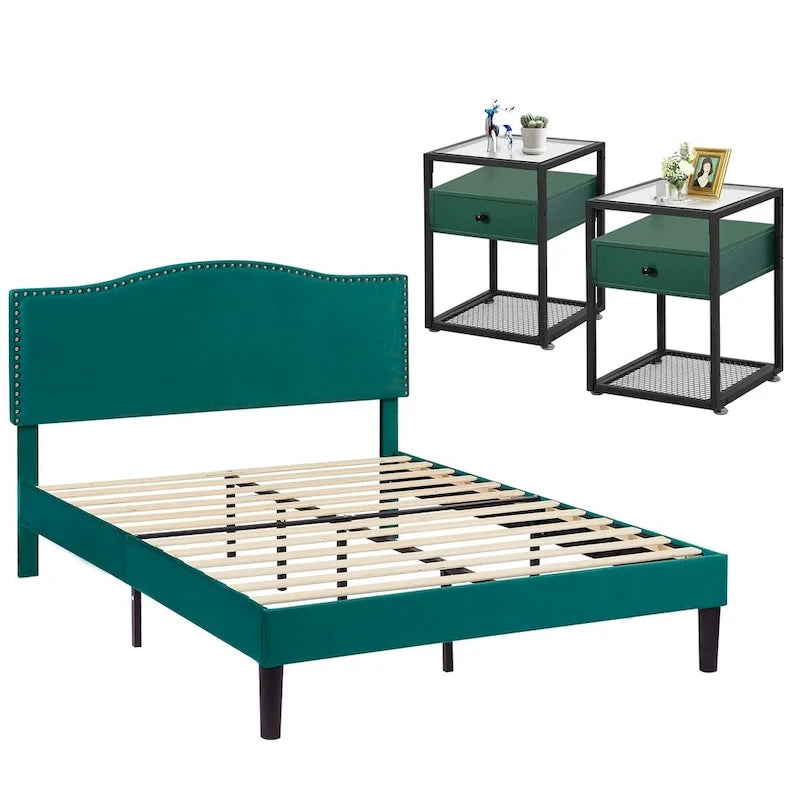 VECELO, Five Colors, 3-Pieces Upholstered Platform Bed Frame with Adjustable Headboard and Nightstands Set of 2