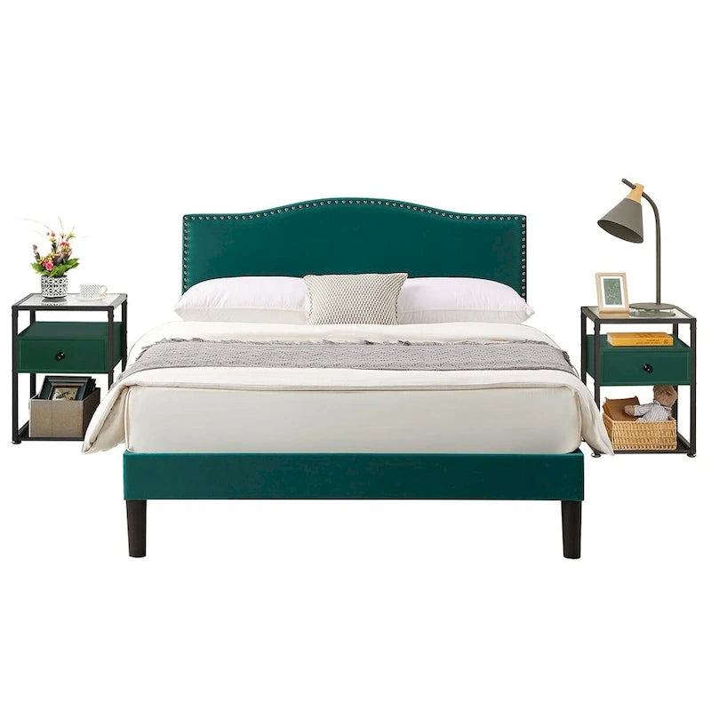 VECELO, Five Colors, 3-Pieces Upholstered Platform Bed Frame with Adjustable Headboard and Nightstands Set of 2
