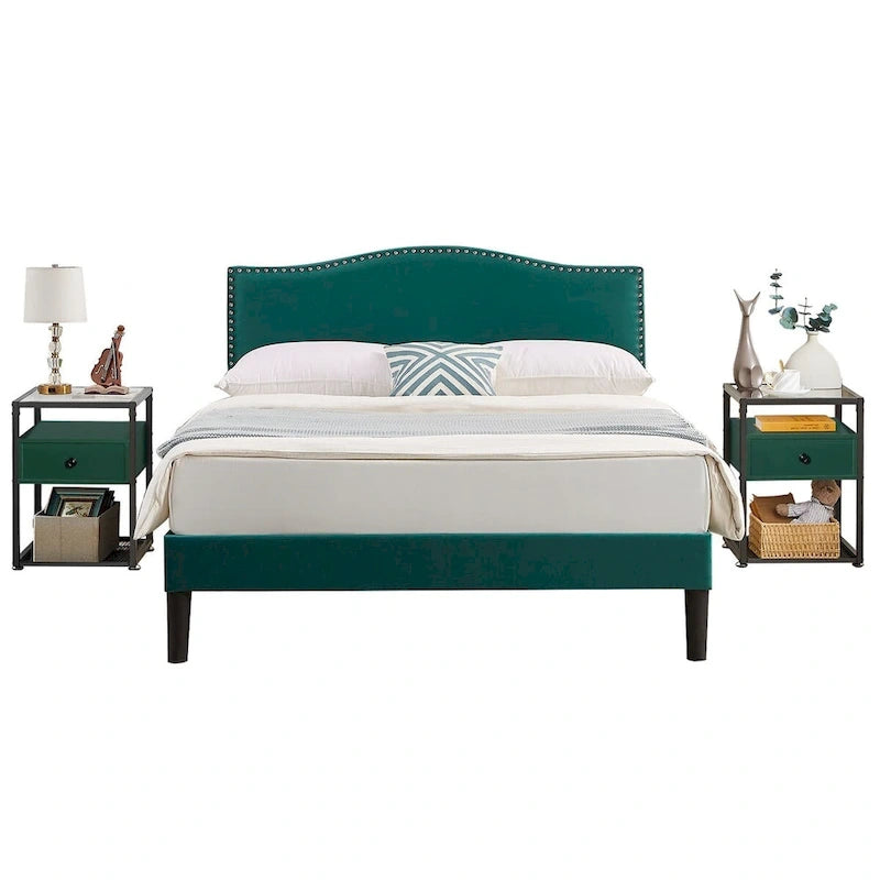VECELO, Five Colors, 3-Pieces Upholstered Platform Bed Frame with Adjustable Headboard and Nightstands Set of 2