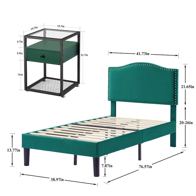 VECELO, Five Colors, 3-Pieces Upholstered Platform Bed Frame with Adjustable Headboard and Nightstands Set of 2