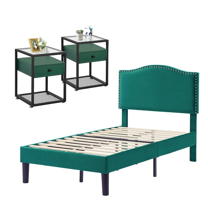 VECELO, Five Colors, 3-Pieces Upholstered Platform Bed Frame with Adjustable Headboard and Nightstands Set of 2