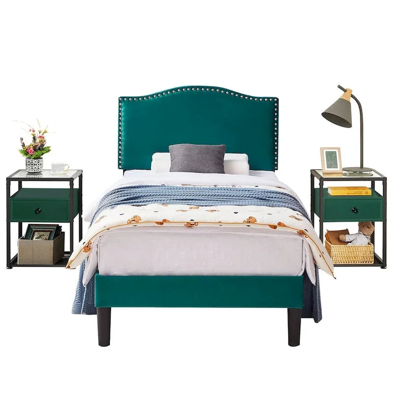 VECELO, Five Colors, 3-Pieces Upholstered Platform Bed Frame with Adjustable Headboard and Nightstands Set of 2