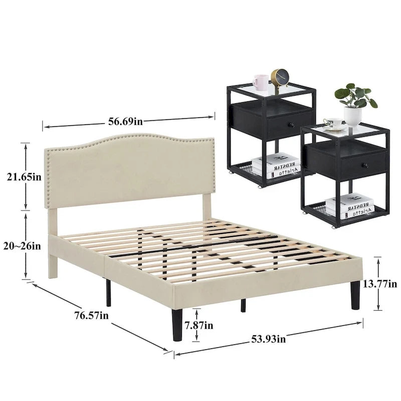 VECELO, Five Colors, 3-Pieces Upholstered Platform Bed Frame with Adjustable Headboard and Nightstands Set of 2