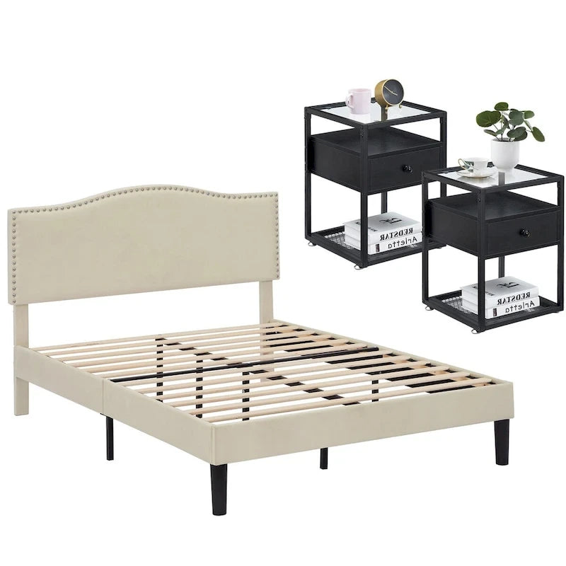 VECELO, Five Colors, 3-Pieces Upholstered Platform Bed Frame with Adjustable Headboard and Nightstands Set of 2
