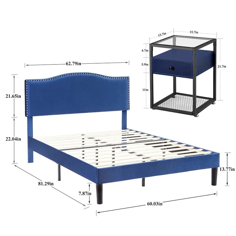 VECELO, Five Colors, 3-Pieces Upholstered Platform Bed Frame with Adjustable Headboard and Nightstands Set of 2