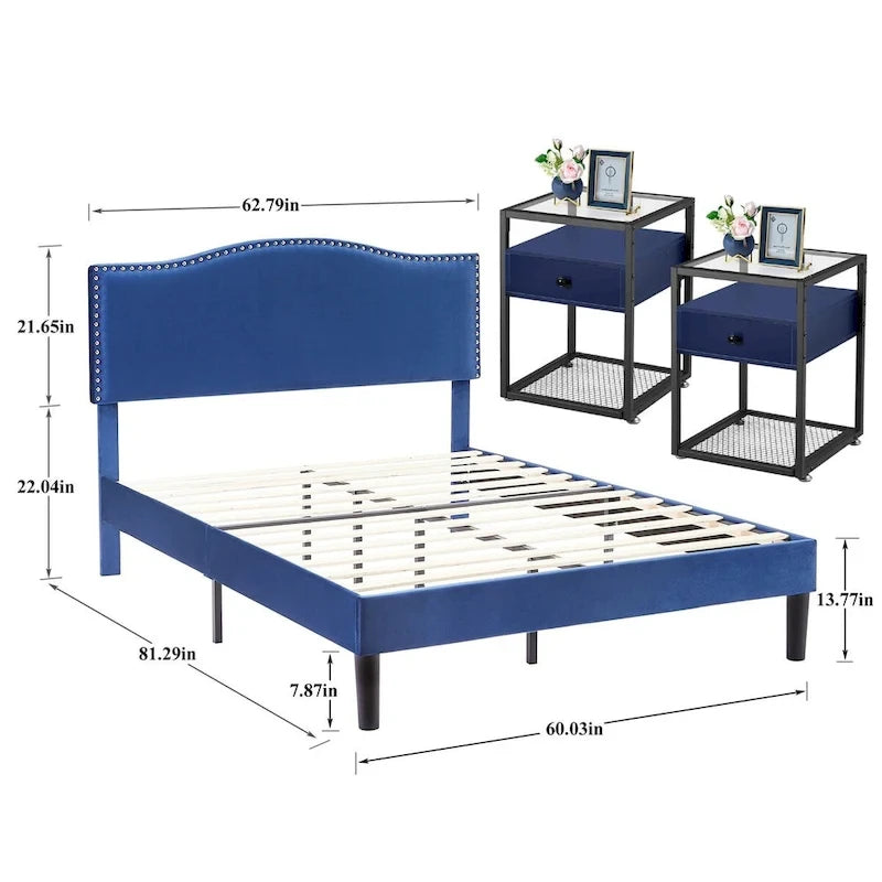 VECELO, Five Colors, 3-Pieces Upholstered Platform Bed Frame with Adjustable Headboard and Nightstands Set of 2