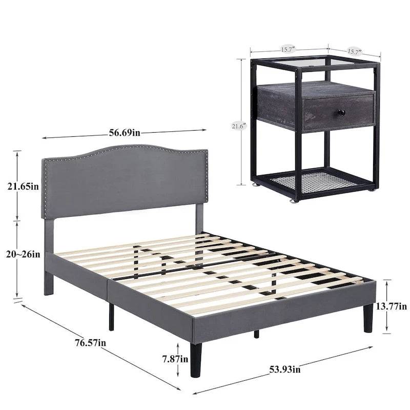 VECELO, Five Colors, 3-Pieces Upholstered Platform Bed Frame with Adjustable Headboard and Nightstands Set of 2