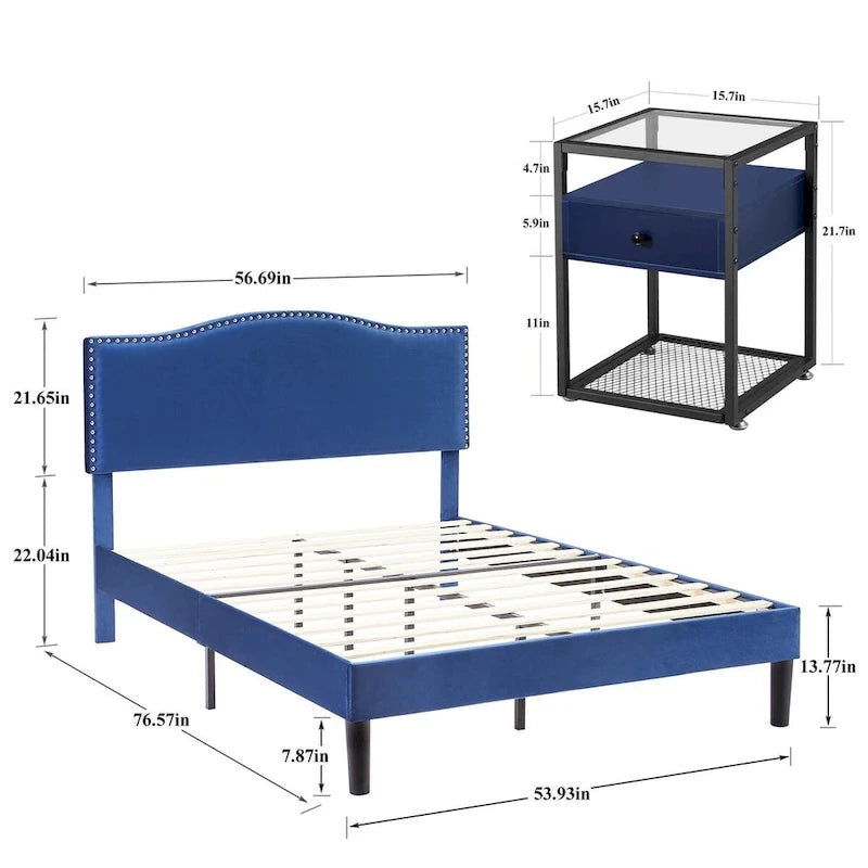 VECELO, Five Colors, 3-Pieces Upholstered Platform Bed Frame with Adjustable Headboard and Nightstands Set of 2