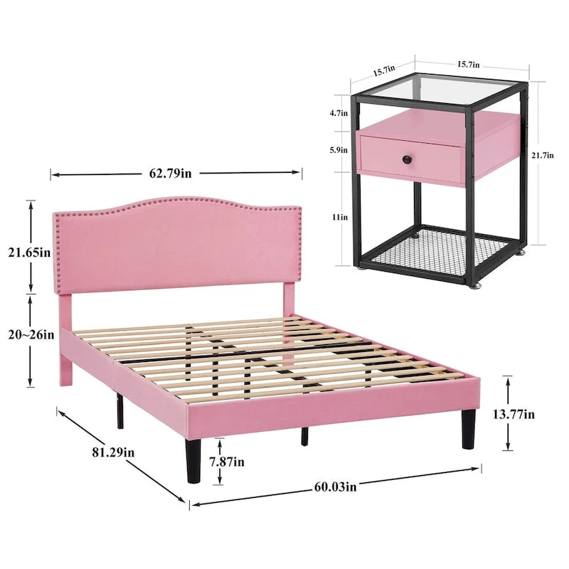 VECELO, Five Colors, 3-Pieces Upholstered Platform Bed Frame with Adjustable Headboard and Nightstands Set of 2