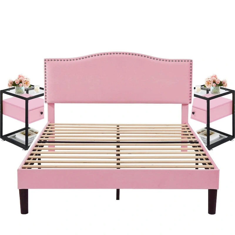 VECELO, Five Colors, 3-Pieces Upholstered Platform Bed Frame with Adjustable Headboard and Nightstands Set of 2