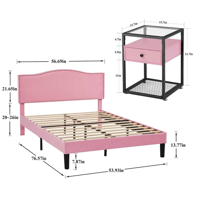 VECELO, Five Colors, 3-Pieces Upholstered Platform Bed Frame with Adjustable Headboard and Nightstands Set of 2