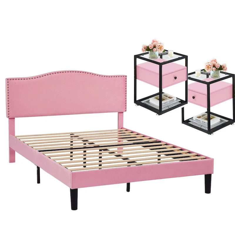 VECELO, Five Colors, 3-Pieces Upholstered Platform Bed Frame with Adjustable Headboard and Nightstands Set of 2