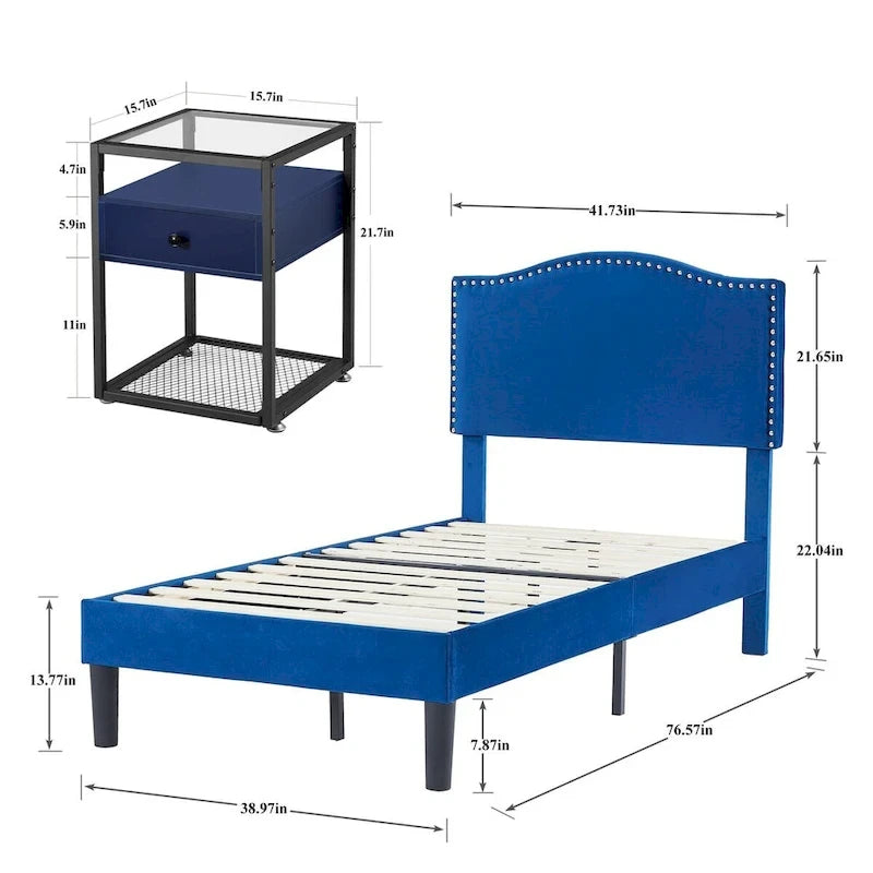 VECELO, Five Colors, 3-Pieces Upholstered Platform Bed Frame with Adjustable Headboard and Nightstands Set of 2