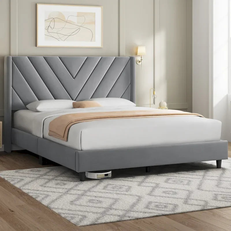 Yaheetech Bed Frame With Wooden Slat Support Upholstered Bed Frame with Tufted Headboard