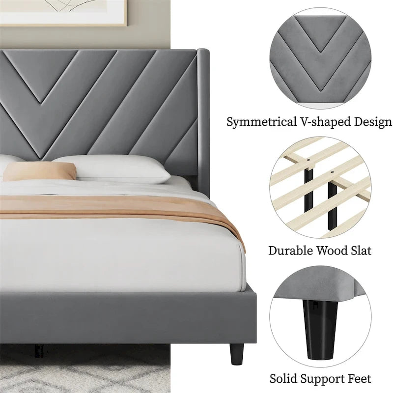 Yaheetech Bed Frame With Wooden Slat Support Upholstered Bed Frame with Tufted Headboard