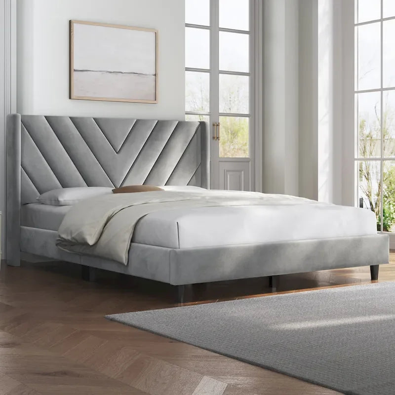 Yaheetech Bed Frame With Wooden Slat Support Upholstered Bed Frame with Tufted Headboard
