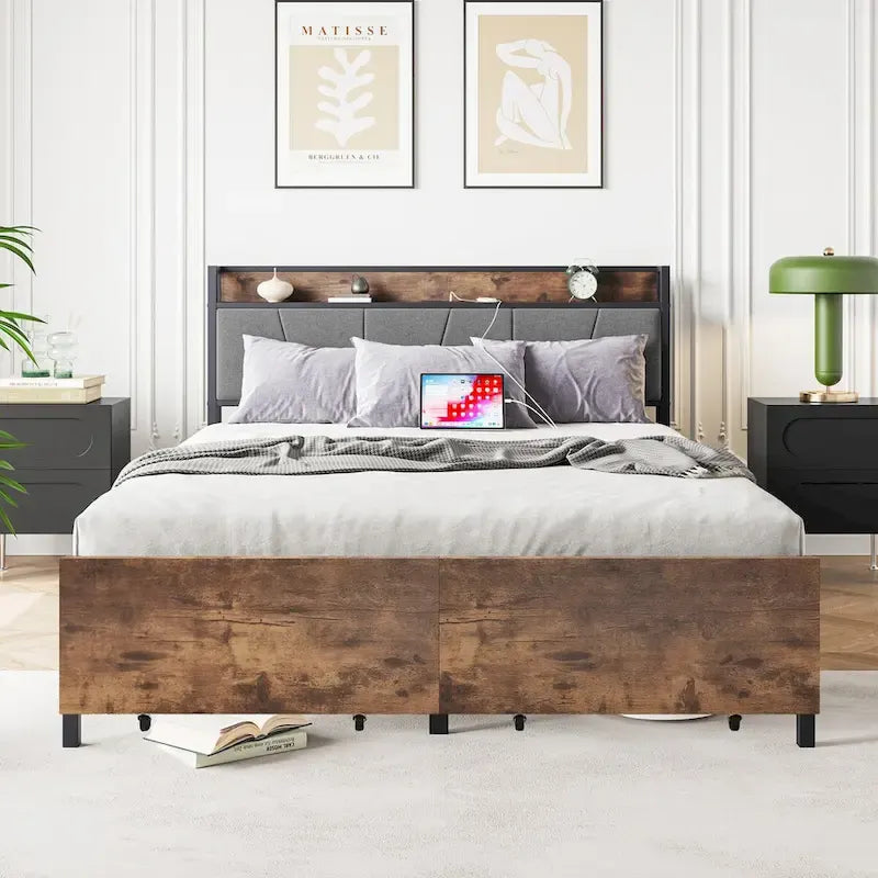 Queen/Full Size Bed Frame, Storage Headboard with Charging Station and 2 Drawers