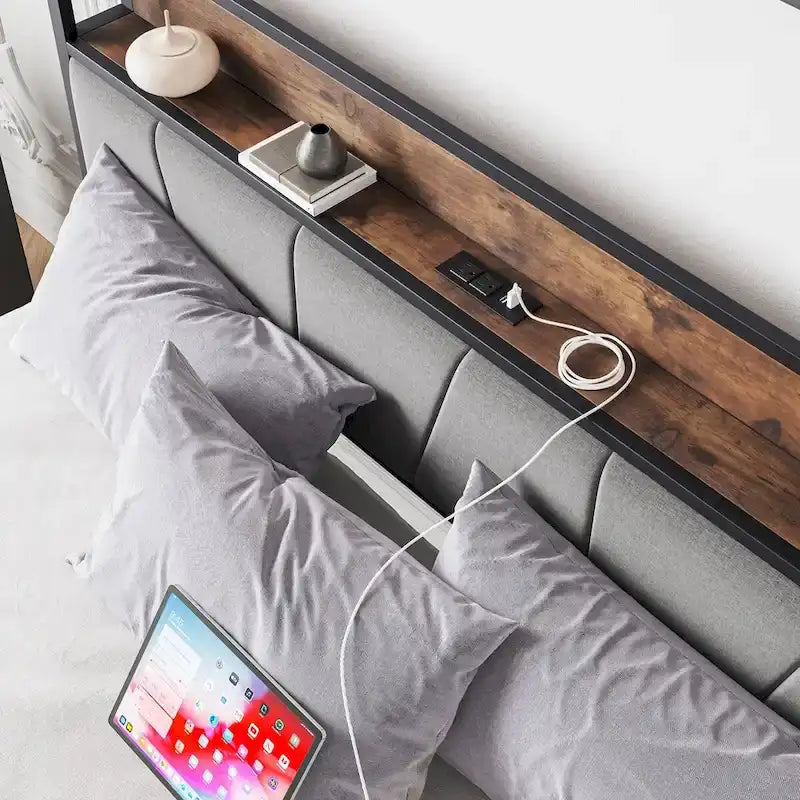 Queen/Full Size Bed Frame, Storage Headboard with Charging Station and 2 Drawers