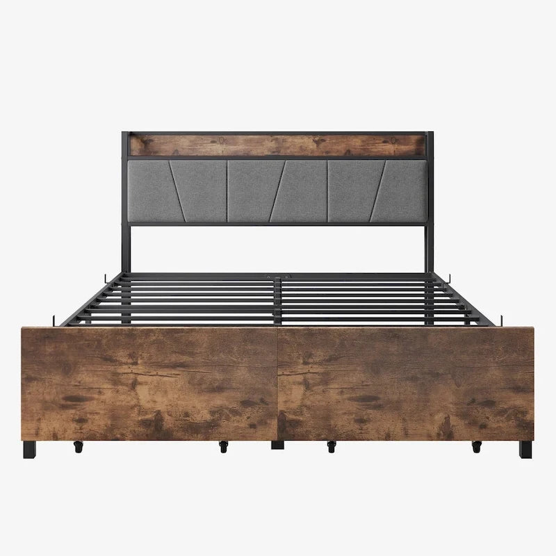 Queen/Full Size Bed Frame, Storage Headboard with Charging Station and 2 Drawers