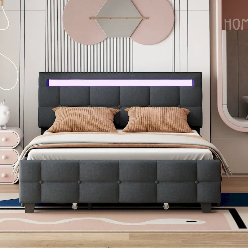 Queen Size Upholstered Platform Bed with LED Frame and 4 Drawers, Linen Fabric