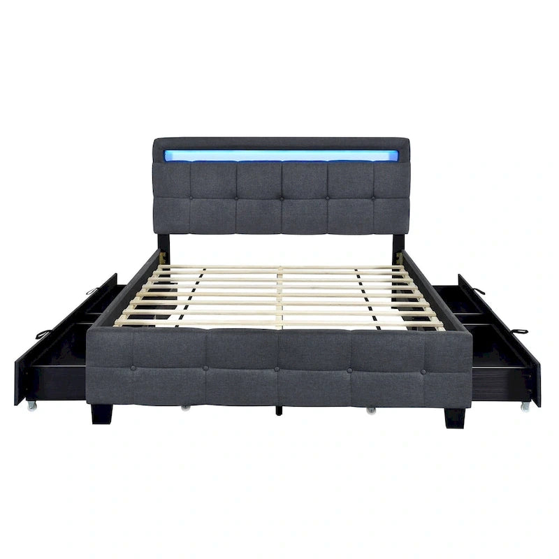 Queen Size Upholstered Platform Bed with LED Frame and 4 Drawers, Linen Fabric
