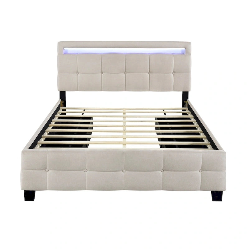 Queen Size Upholstered Platform Bed with LED Frame and 4 Drawers, Linen Fabric