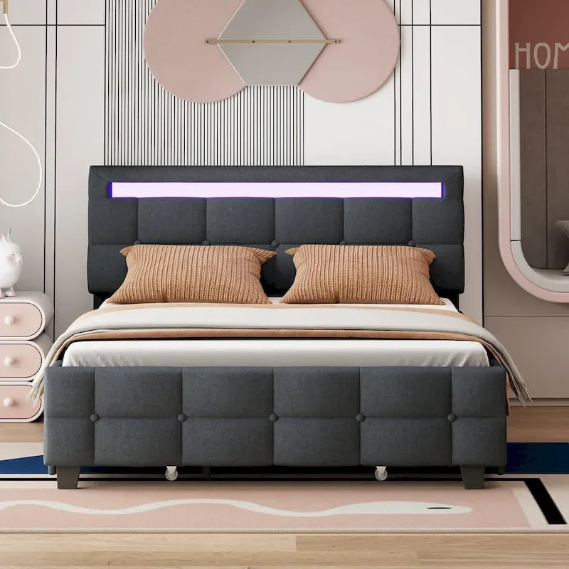 Queen Size Upholstered Platform Bed with LED Frame and 4 Drawers, Linen Fabric