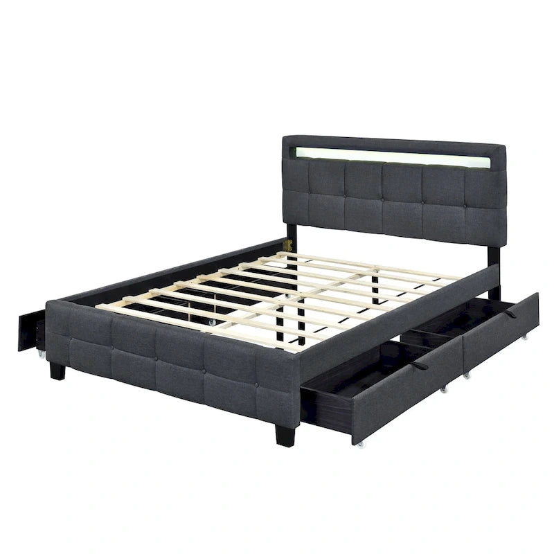 Queen Size Upholstered Platform Bed with LED Frame and 4 Drawers, Linen Fabric