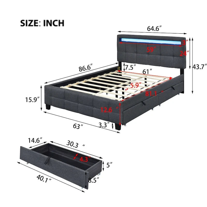 Queen Size Upholstered Platform Bed with LED Frame and 4 Drawers, Linen Fabric