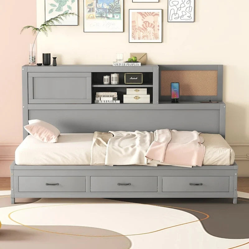 Twin Size Wooden Daybed with 3 Drawers and USB Ports