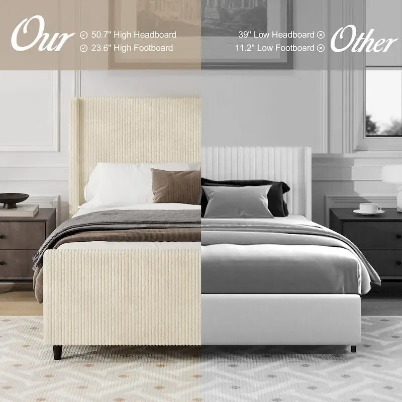 Corduroy Upholstered Bed with High Headboard by Harper&Bright Designs
