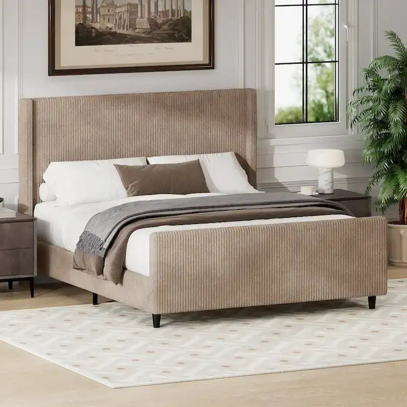 Corduroy Upholstered Bed with High Headboard by Harper&Bright Designs