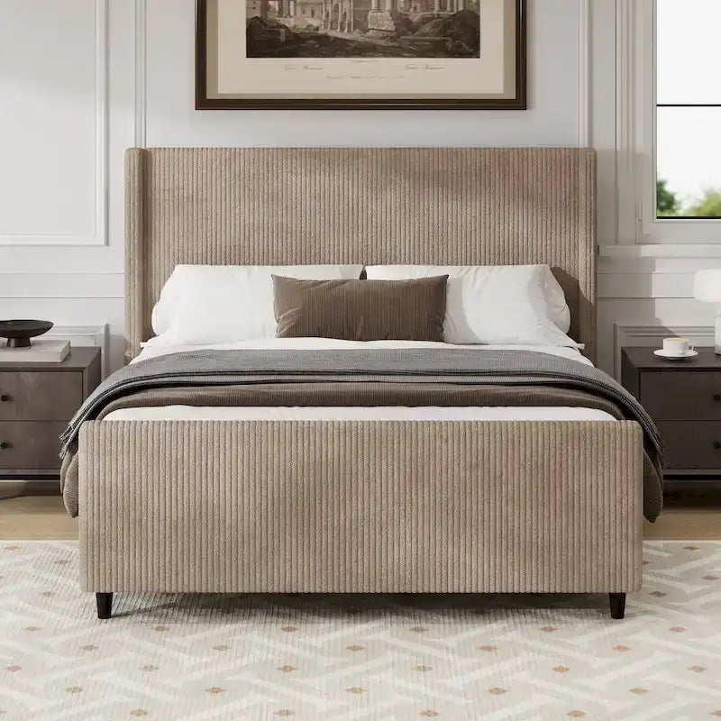 Corduroy Upholstered Bed with High Headboard by Harper&Bright Designs