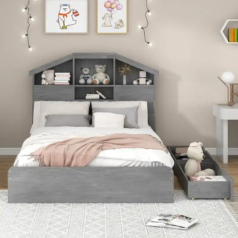 Wood Platform Bed with House-Shaped Storage Headboard and 2 Drawers