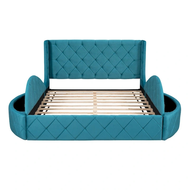 Upholstered Platform Bed Queen Size Storage Velvet Bed with Wingback Headboard and 1 Big Drawer,2 Side Storage Stool