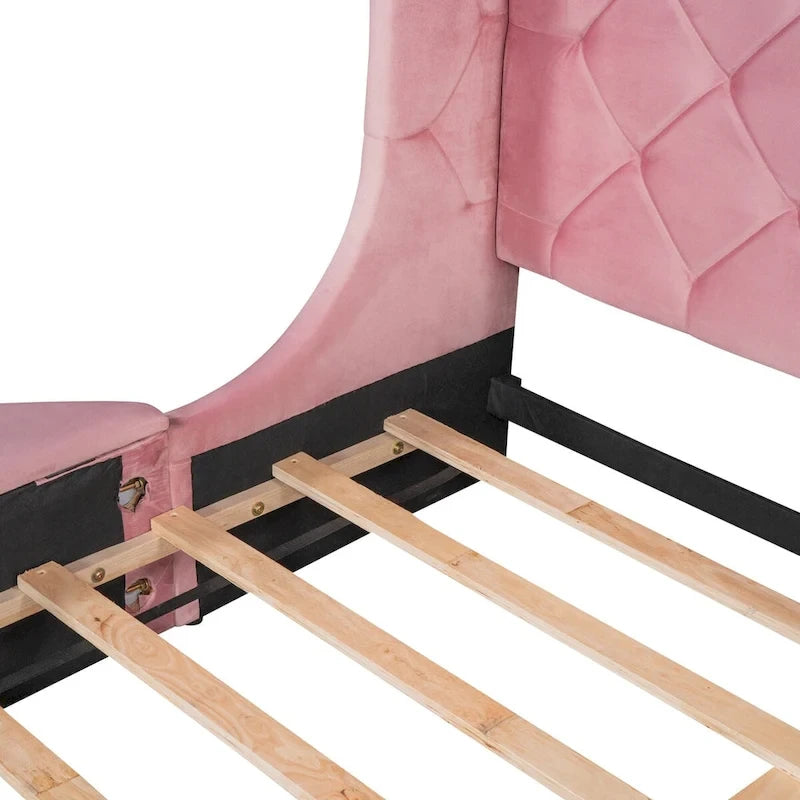 Upholstered Platform Bed Queen Size Storage Velvet Bed with Wingback Headboard and 1 Big Drawer,2 Side Storage Stool