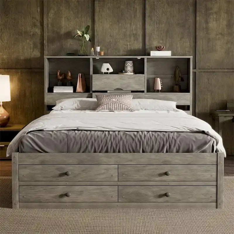 Queen Size Platform Bed with Storage Headboard and 8 Drawers