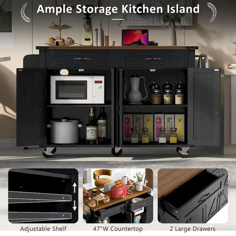 53.5 Farmhouse Kitchen Island with Power Outlet, Drop Leaf & Mobile Storage