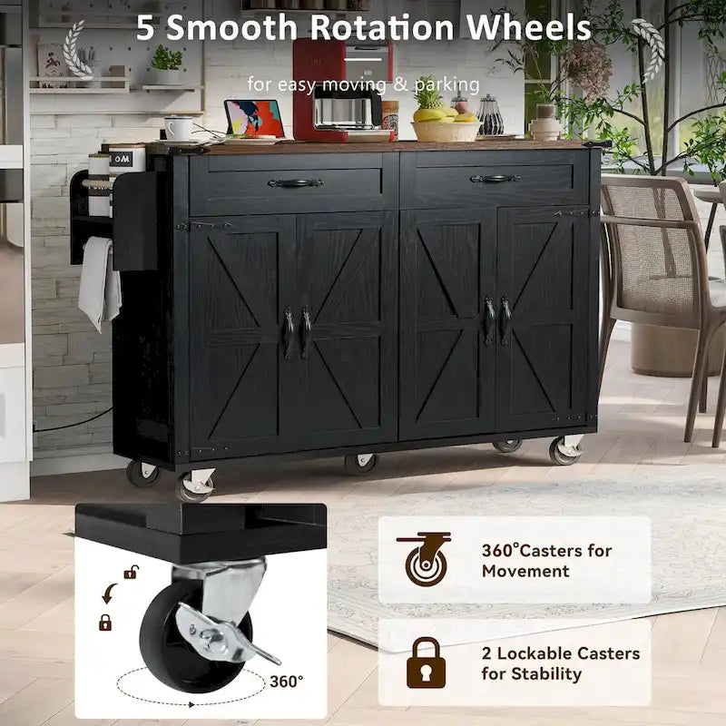 53.5 Farmhouse Kitchen Island with Power Outlet, Drop Leaf & Mobile Storage